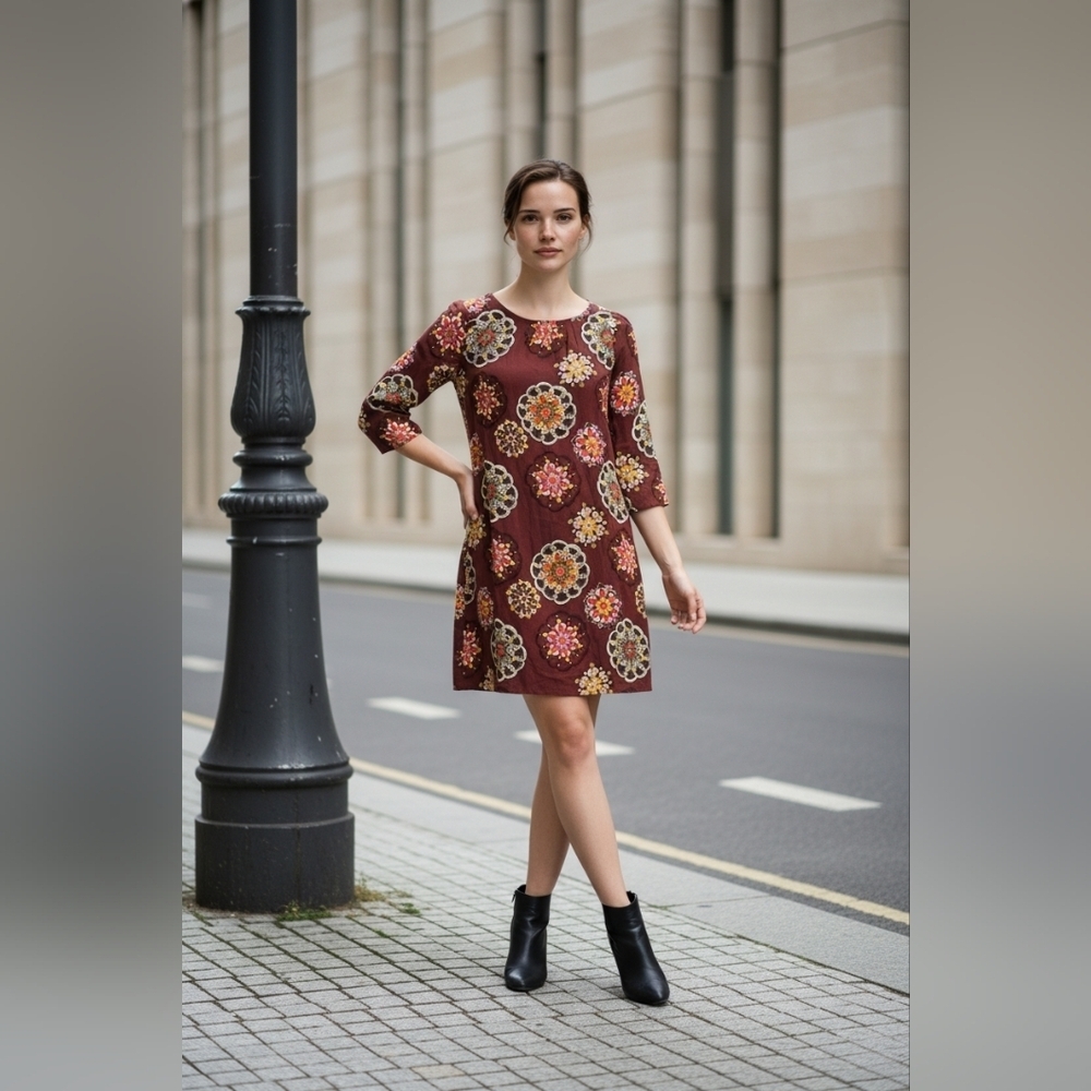 Fossil SZ S Retro Maroon Medallion Ornate Shift Pleated‎ Neck Mini Lined Dress